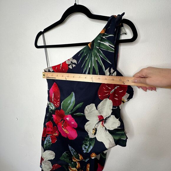 Zara Navy Red White Floral 3 Side Tie One Shoulder Mini Dress Side Zip Medium - Picture 11 of 11